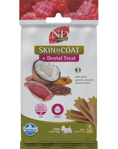 FARMINA N&D Quinoa Dental Treat Skin Coat Duck Mini 60 g Zahnpflege-Leckerli für kleine Hunderassen