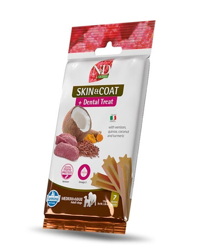 N&D Quinoa Dental Treat Skin Coat Venison Medium/Maxi 100 g (7 szt) przysmak dentystyczny dla średnich i dużych psów