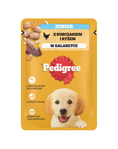 PEDIGREE Junior Beutel 100g: Nassfutter für Welpen mit Hühnerfleischstücken und Reis in Gelee
