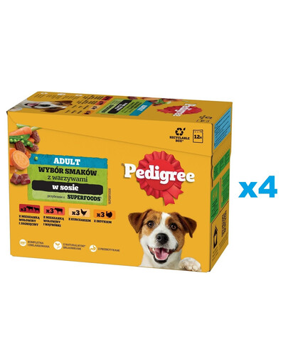 PEDIGREE Adult Wybór Smaków z warzywami saszetki 48x100 g mokra karma pełnoporcjowa dla dorosłych psów, z mieszanką wołowiny i jagnięciny, z mieszanką wołowiny i wątróbki, z kurczakiem, z indykiem, w sosie