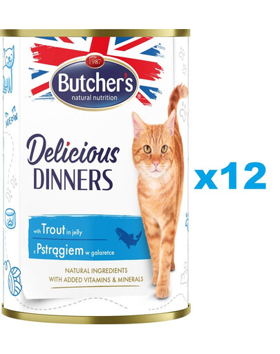 BUTCHER'S Delicious Dinners, karma dla kota, kawałki z pstrągiem w galaretce 12 x 400g
