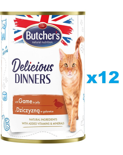 BUTCHER'S Delicious Dinners, karma dla kota, kawałki z dziczyzną w galaretce 12 x 400g