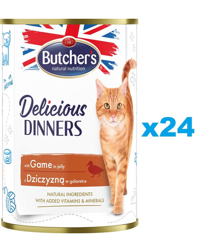 BUTCHER'S Delicious Dinners, karma dla kota, kawałki z dziczyzną w galaretce 24 x 400g