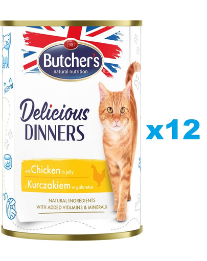 BUTCHER'S Delicious Dinners, karma dla kota, kawałki z kurczakiem w galaretce 12 x 400g