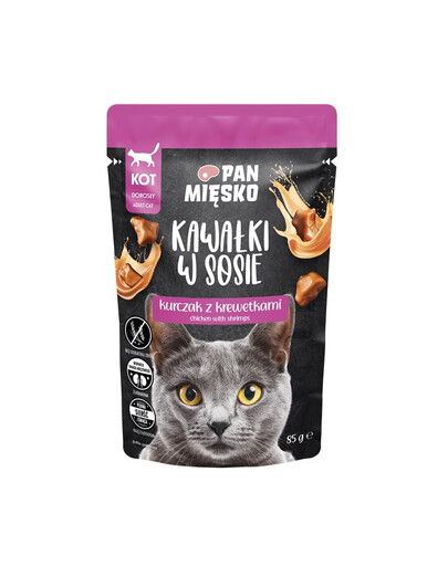 PAN MIĘSKO Nassfutter Huhn mit Garnelen Stücke in Soße für adulte Katzen getreidefrei 85 g