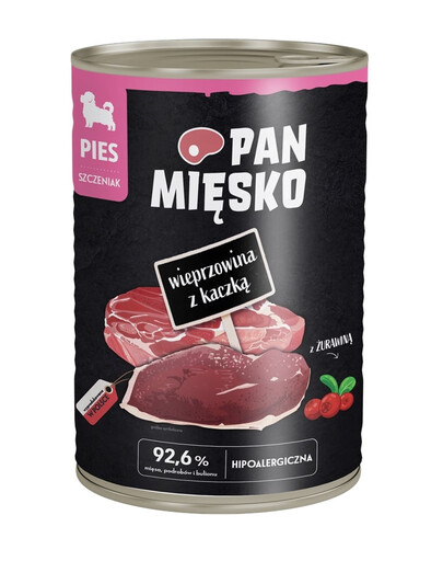 PAN MIĘSKO Nassfutter mit Schweinefleisch und Ente für Welpen hypoallergen 400 g