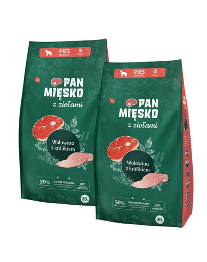 PAN MIĘSKO mit Kräutern Trockenfutter mit Rind und Kaninchen für adulte mittlere Hunde M 2x20 kg