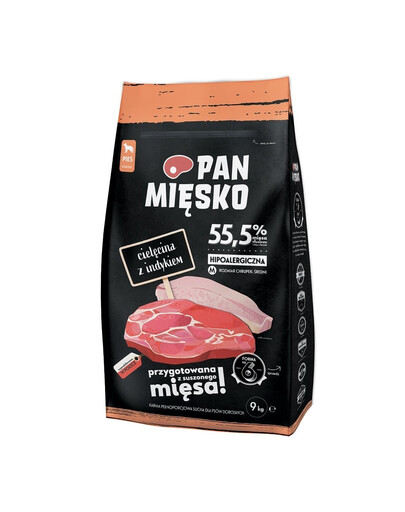 PAN MIĘSKO Trockenfutter Kalbfleisch und Truthahn adulte Hunde Große M Hypoallergen 9 kg
