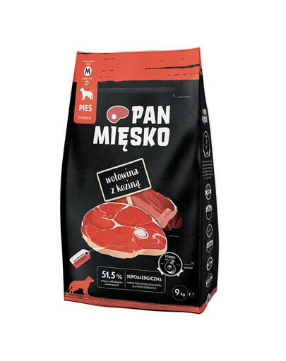 PAN MIĘSKO Trockenfutter mit Rind und Ziegefleisch hypoallergen für adulte Hunde M 9 kg