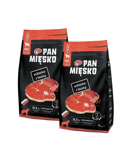 PAN MIĘSKO Trockenfutter mit Rind und Ziegefleisch hypoallergen für adulte Hunde M 2x9 kg