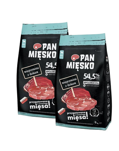 PAN MIĘSKO Trockenfutter Wildschwein mit Schweinefleisch für adulte Hunde XL hypoallergen 2x9 kg