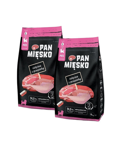 PAN MIĘSKO Trockenfutter mit Kalb und Wachtel für Welpen und Junghunde L 2x9 kg