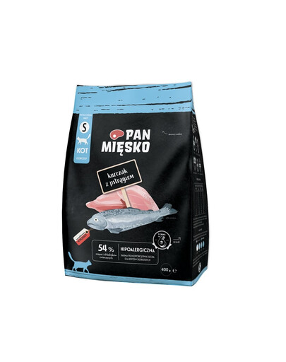 PAN MIĘSKO Trockenfutter mit Hähnchen und Forelle für adulte Katzen S 400 g