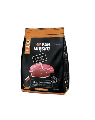 PAN MIĘSKO Trockenfutter mit Kalb und Ente für adulte Katzen M hypoallergen 400 g