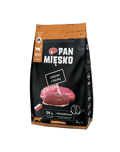 PAN MIĘSKO Trockenfutter mit Kalb und Ente für adulte Katzen M hypoallergen 5 kg