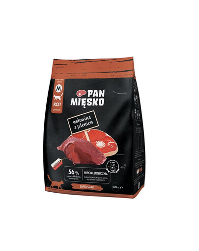 PAN MIĘSKO Trockenfutter mit Rind und Hirsch Hypoallergen für adulte Katzen M 400 g