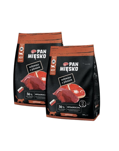 PAN MIĘSKO Trockenfutter Rind mit Hirsch für adulte Katzen M hypoallergen 2x400 g