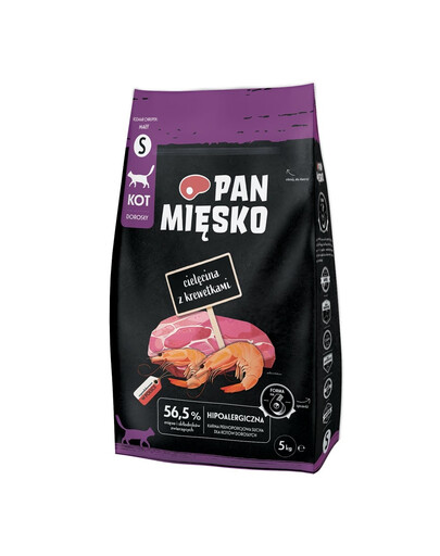 PAN MIĘSKO Trockenfutter mit Kalb und Garnelen für adulte Katzen S hypoallergen 5 kg