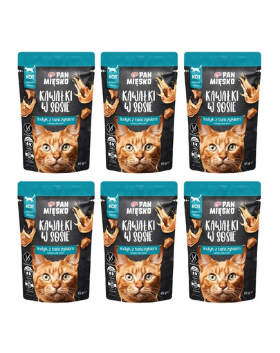 PAN MIĘSKO Nassfutter Pute mit Thunfisch Stücke in Soße für Katzen getreidefrei 6x85 g