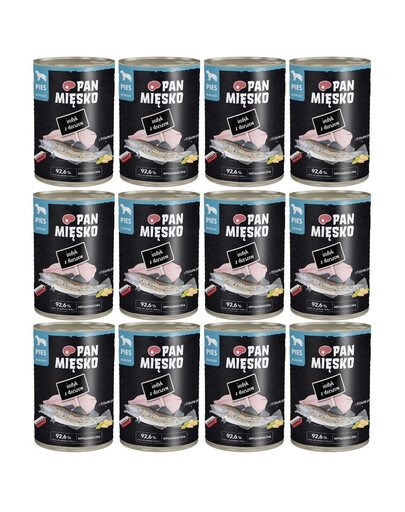 PAN MIĘSKO Nassfutter mit Pute, Dorsch und Kürbiskernen für adulte Hunde hypoallergen 12x400 g