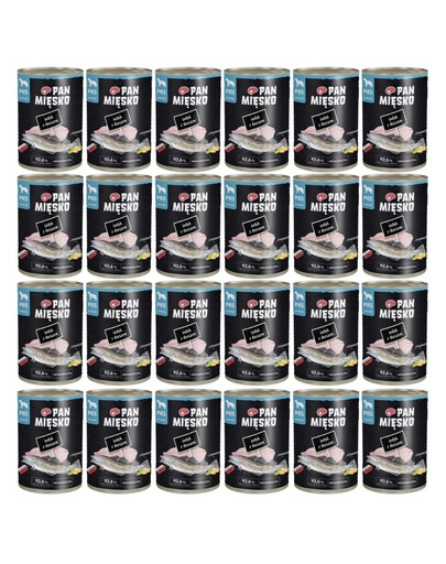 PAN MIĘSKO Nassfutter mit Pute, Dorsch und Kürbiskernen für adulte Hunde hypoallergen 24x400 g