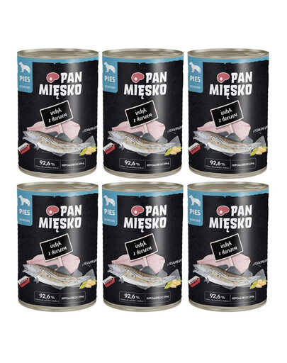 PAN MIĘSKO Nassfutter mit Pute, Dorsch und Kürbiskernen für adulte Hunde hypoallergen 6x400 g