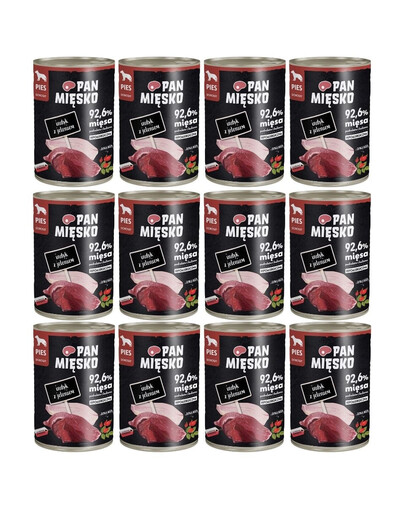 PAN MIĘSKO Nassfutter mit Pute, Hirsch und Wildrose für adulte Hunde hypoallergen 12x400 g