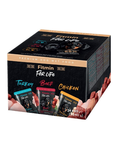 FITMIN For Life Nassfutter mit Huhn, Rind, Pute in Soße für adulte Hunde 24x85 g