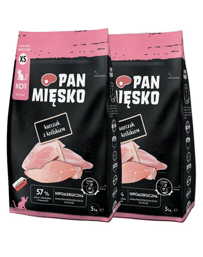 PAN MIĘSKO Trockenfutter mit Huhn und Kaninchen für Kätzchen XS 2x5 kg