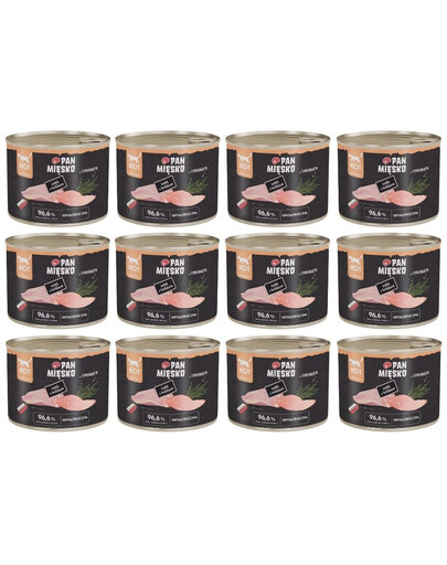 PAN MIĘSKO Nassfutter mit Pute, Kaninchen und Thymian für adulte Katzen hypoallergen 12x200 g