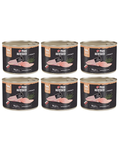 PAN MIĘSKO Nassfutter mit Pute, Kaninchen und Thymian für adulte Katzen hypoallergen 6x200 g