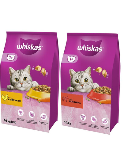 WHISKAS Adult 14kg z kurczakiem i warzywami + WHISKAS Adult 14kg z wołowiną i warzywami
