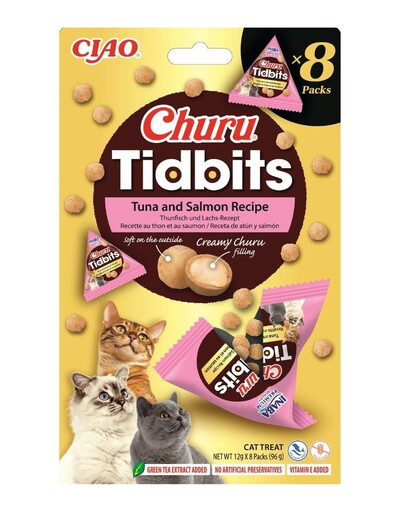 INABA Cat Churu Tidbits Tuna and Salmon Recipe weiche und cremige Leckerlis mit Thunfisch und Lachs für Katzen 8x12g