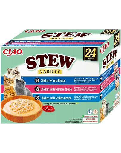 Cat Ciao Stew Creamy Variety 24x40g mix przysmaków z kurczakiem, rybą i przegrzebkami w kremowym sosie