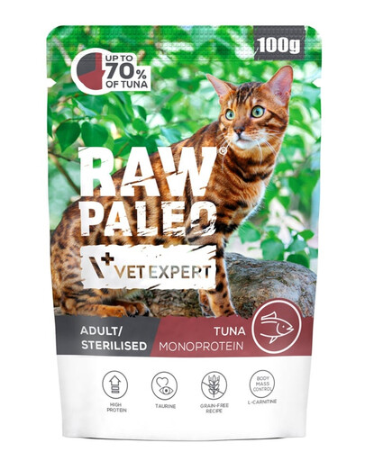 RAW PALEO Adult Sterilised Nassfutter mit Thunfisch Monoprotein für adulte und sterilisierte Katzen 100g
