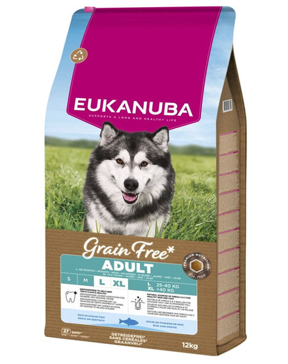 EUKANUBA Grain Free Adult getreidefreies Futter mit Fisch für adulte Hunde großer Rassen 12 kg