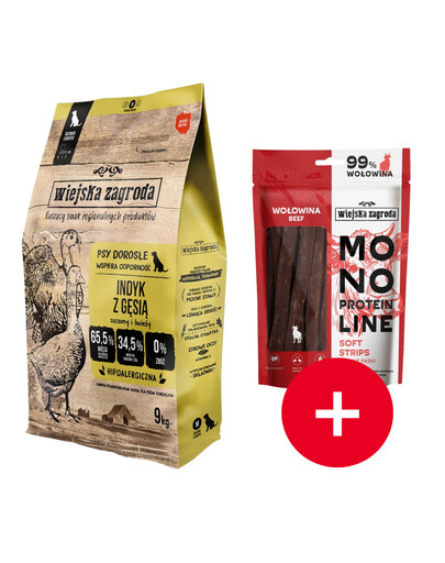 WIEJSKA ZAGRODA Trockenfutter Pute mit Gans für adulte Hunde M getreidefrei 9 kg + Snack GRATIS