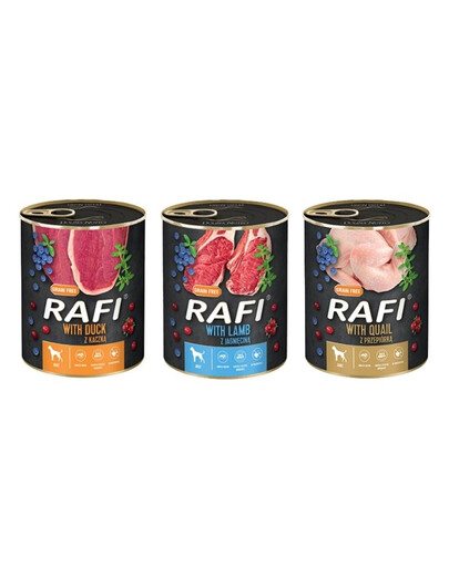 DOLINA NOTECI RAFI mix smaków (kaczka, przepiórka, jagnięcina) 36x400g mokra karma dla psa