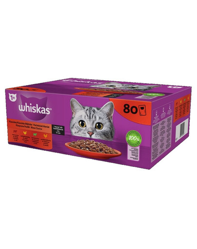 Adult saszetka 80x85g Klasyczne Posiłki mokra karma pełnoporcjowa dla dorosłych kotów w sosie kawałki z wołowiną, kurczakiem, jagnięciną, drobiem