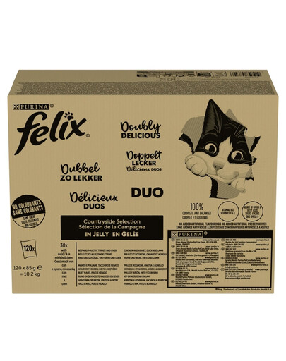 FELIX Nassfutter in Gelee Rind und Geflügel, Pute und Leber, Huhn und Niere, Ente und Lamm für Katzen 120x85g