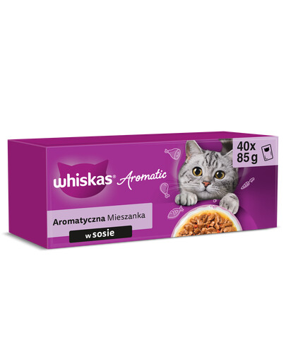 WHISKAS Aromatische MIX für adulte Katzen Nassfutter in Soße mit Schweinefleisch und Karotten, Hühnchen, Seefisch in Brühe, Lachs und Erbsen 40x85 g