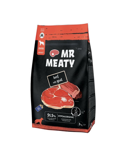 MR MEATY Beef with Goat Trockenfutter mit Rind und Ziege für adulte Hunde M hypoallergen 3 kg