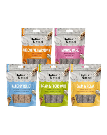 DOLINA NOTECI Smart Chews Mix Geschmacks unterstützt Stressabbau, kognitive Funktionen, Verdauung, Futtermittelallergien und das Immunsystem, getrocknete Hundeleckerlis 5x100 g