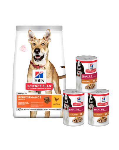 HILL'S Canine Adult 1+ Performance mit Huhn 14 kg für aktive Hunde + 3 Dosen 370 g GRATIS