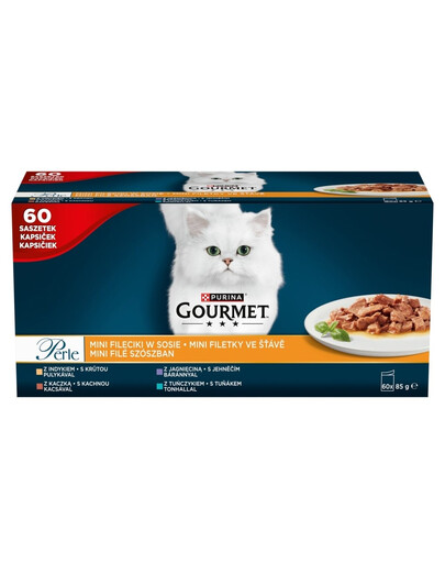GOURMET Perle Mini Filets in Soße Nassfutter mit Truthahn, Ente, Lamm und Thunfisch für Katzen 120x85g