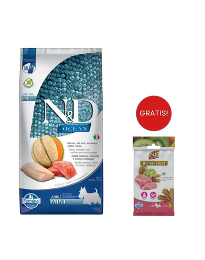 FARMINA N&D Ocean Dog Adult Mini Lachs, Kabeljau, Melone 7 kg + Snack Dental Treat Pork Mini 60 g GRATIS!