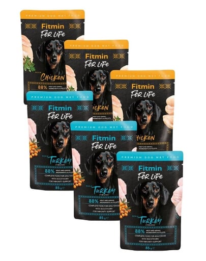 FITMIN For Life Dog Adult Mix Geschmacks Pute mit Sanddorn und Huhn mit Kräutern in Soße für adulte Hunde 6x85 g