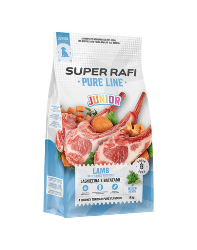 SUPER RAFI Pure Line Junior Trockenfutter Lamm mit Süßkartoffeln für Welpen aller Rassen getreidefrei 9 kg
