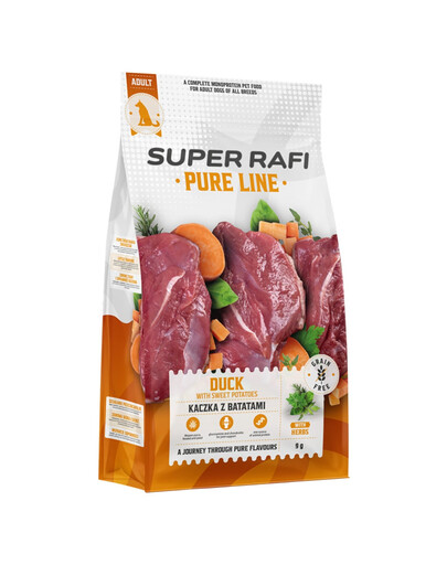 SUPER RAFI Pure Line Trockenfutter Ente mit Süßkartoffeln für adulte Hunde aller Rassen getreidefrei 9 kg