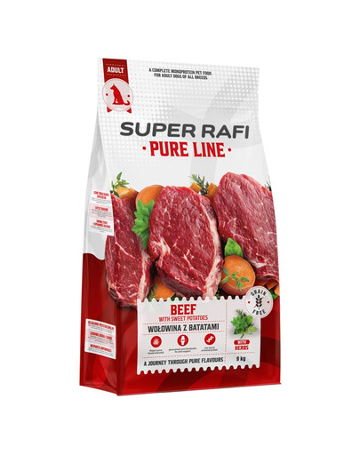 SUPER RAFI Pure Line Trockenfutter Rind mit Süßkartoffeln für adulte Hunde aller Rassen getreidefrei 9 kg